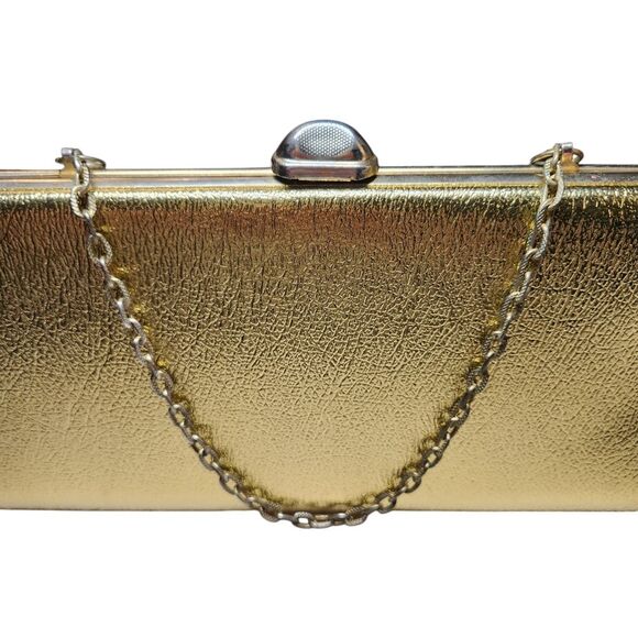 Vintage 60s Leather Gold Clutch Purse Handbag Metallic Chain Handle Envelope MCM - Picture 4 of 16
